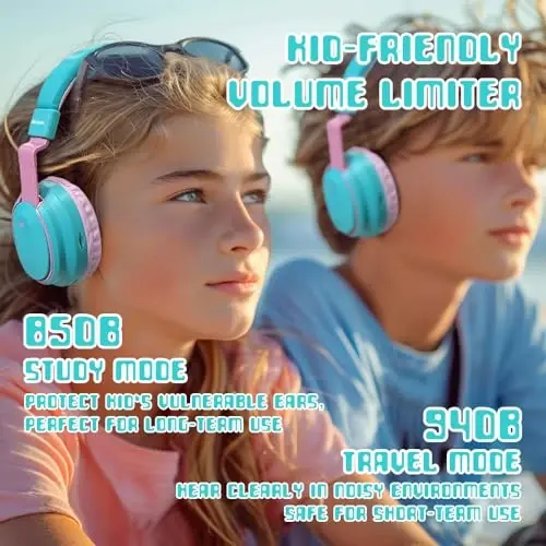 Mokata Kids Headphones Bluetooth 5.3 Wireless 60H Play Time Volume Limited 85/110dB Over Ear Foldable Headset with Cable Aux Mic for iPad Notebook Boy Girl Travel School Tablet Cyan - 2