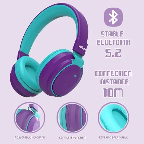 Mokata Kids Headphones Bluetooth 5.3 Wireless 60H Play Time Volume Limited 85/110dB Over Ear Foldable Headset with Cable Aux Mic for iPad Notebook Boy Girl Travel School Tablet Purple - 7