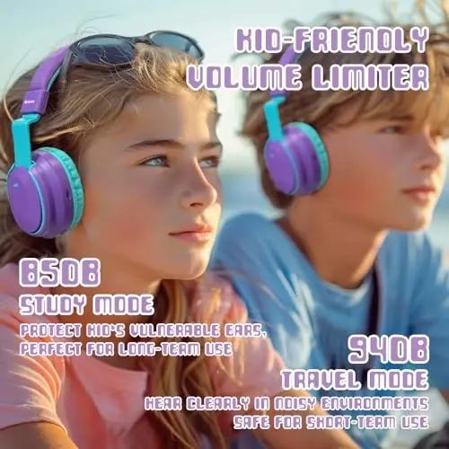 Mokata Kids Headphones Bluetooth 5.3 Wireless 60H Play Time Volume Limited 85/110dB Over Ear Foldable Headset with Cable Aux Mic for iPad Notebook Boy Girl Travel School Tablet Purple - 2