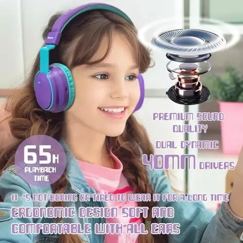 Mokata Kids Headphones Bluetooth 5.3 Wireless 60H Play Time Volume Limited 85/110dB Over Ear Foldable Headset with Cable Aux Mic for iPad Notebook Boy Girl Travel School Tablet Purple - 3