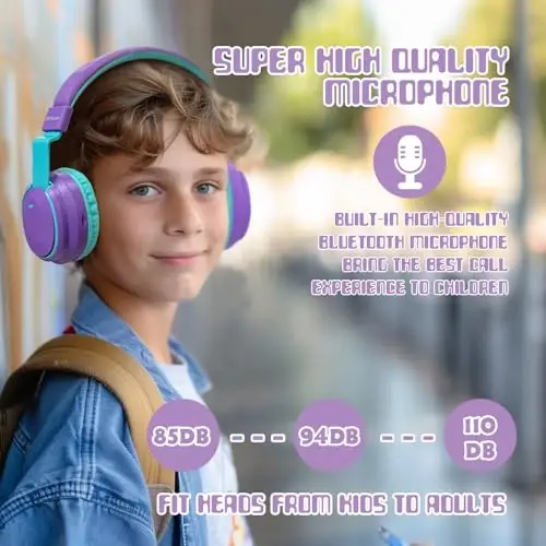 Mokata Kids Headphones Bluetooth 5.3 Wireless 60H Play Time Volume Limited 85/110dB Over Ear Foldable Headset with Cable Aux Mic for iPad Notebook Boy Girl Travel School Tablet Purple - 6