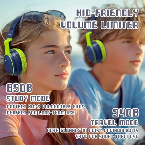 Mokata Kids Headphones Bluetooth 5.3 Wireless 60H Play Time Volume Limited 85/110dB Over Ear Foldable Headset with Cable Aux Mic for iPad Notebook Boy Girl Travel School Tablet Deep Blue - MOKATA (1)