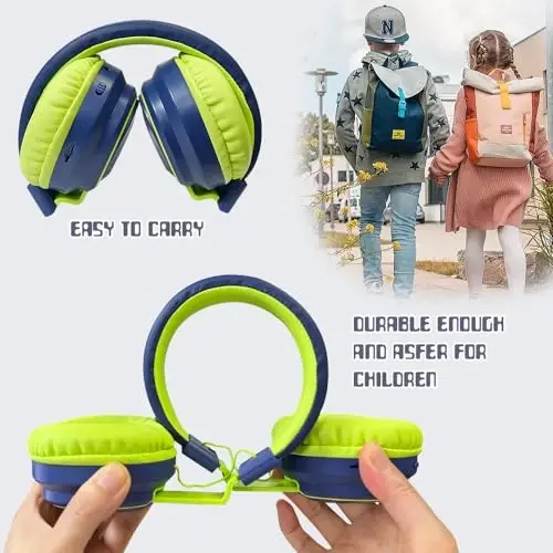 Mokata Kids Headphones Bluetooth 5.3 Wireless 60H Play Time Volume Limited 85/110dB Over Ear Foldable Headset with Cable Aux Mic for iPad Notebook Boy Girl Travel School Tablet Deep Blue - 4
