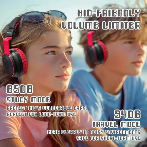 Mokata Kids Headphones Bluetooth 5.3 Wireless 60H Play Time Volume Limited 85/110dB Over Ear Foldable Headset with Cable Aux Mic for iPad Notebook Boy Girl Travel School Tablet Black - MOKATA (1)