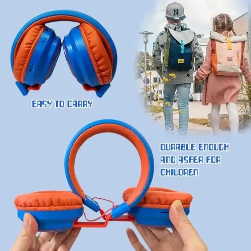 Mokata Kids Headphones Bluetooth 5.3 Wireless Lightweight Fast Charging 68 Hours Play Time Volume Limited 85/94dB Over Ear Foldable with Built-in Mic for Toddler Boy Girl Tablet Pad Blue - 5