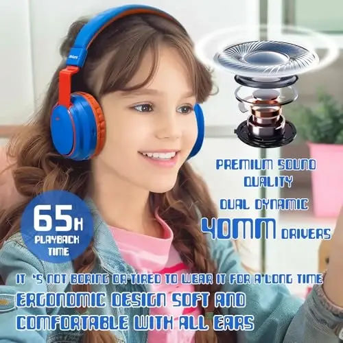 Mokata Kids Headphones Bluetooth 5.3 Wireless Lightweight Fast Charging 68 Hours Play Time Volume Limited 85/94dB Over Ear Foldable with Built-in Mic for Toddler Boy Girl Tablet Pad Blue - 4