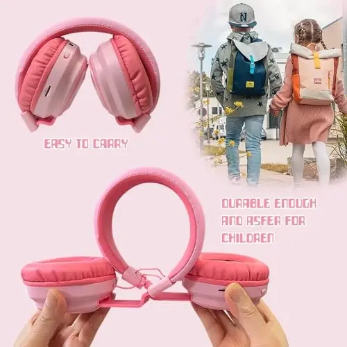 Mokata Kids Headphones Bluetooth 5.3 Wireless Lightweight Fast Charging 68 Hours Play Time Volume Limited 85/94dB Over Ear Foldable with Built-in Mic for Toddler Boy Girl Tablet Pad Pink - 4