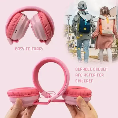 Mokata Kids Headphones Bluetooth 5.3 Wireless Lightweight Fast Charging 68 Hours Play Time Volume Limited 85/94dB Over Ear Foldable with Built-in Mic for Toddler Boy Girl Tablet Pad Pink - 4
