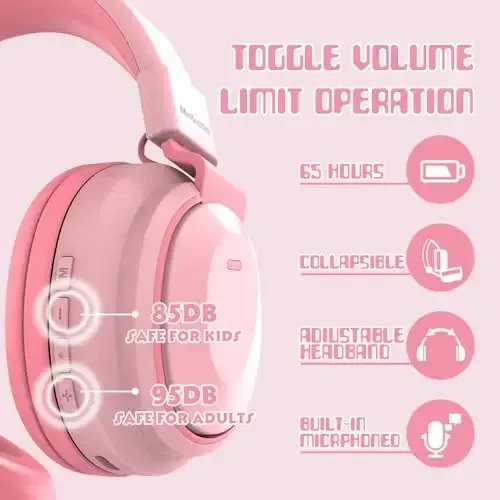 Mokata Kids Headphones Bluetooth 5.3 Wireless Lightweight Fast Charging 68 Hours Play Time Volume Limited 85/94dB Over Ear Foldable with Built-in Mic for Toddler Boy Girl Tablet Pad Pink - 5