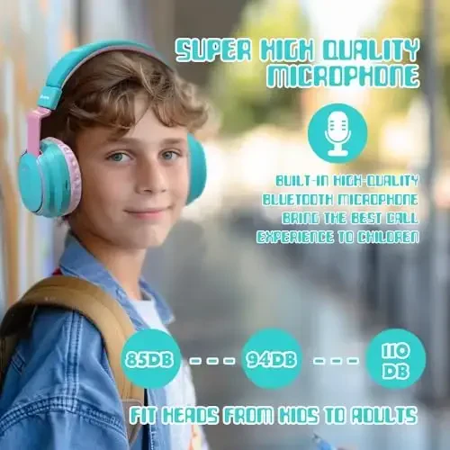 Mokata Kids Headphones Bluetooth 5.3 Wireless 60H Play Time Volume Limited 85/110dB Over Ear Foldable Headset with Cable Aux Mic for iPad Notebook Boy Girl Travel School Tablet Cyan - 6