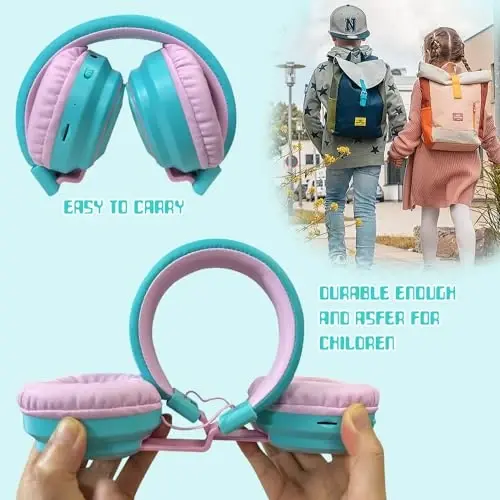 Mokata Kids Headphones Bluetooth 5.3 Wireless 60H Play Time Volume Limited 85/110dB Over Ear Foldable Headset with Cable Aux Mic for iPad Notebook Boy Girl Travel School Tablet Cyan - 4