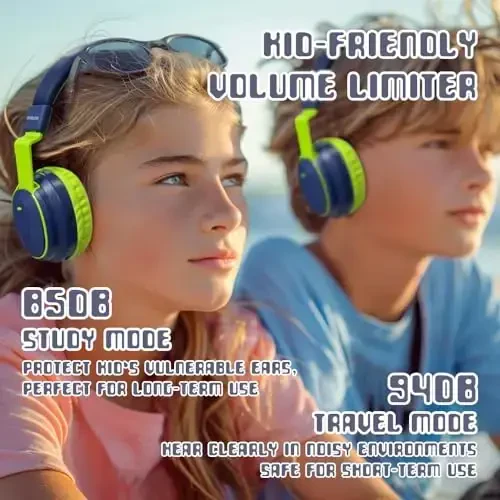 Mokata Kids Headphones Bluetooth 5.3 Wireless 60H Play Time Volume Limited 85/110dB Over Ear Foldable Headset with Cable Aux Mic for iPad Notebook Boy Girl Travel School Tablet Deep Blue - 2