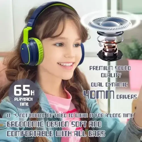 Mokata Kids Headphones Bluetooth 5.3 Wireless 60H Play Time Volume Limited 85/110dB Over Ear Foldable Headset with Cable Aux Mic for iPad Notebook Boy Girl Travel School Tablet Deep Blue - 3
