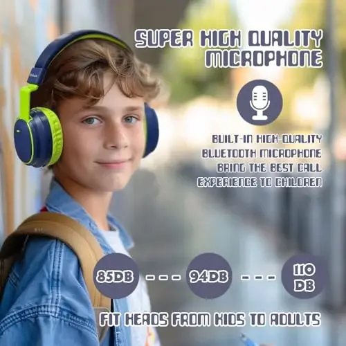 Mokata Kids Headphones Bluetooth 5.3 Wireless 60H Play Time Volume Limited 85/110dB Over Ear Foldable Headset with Cable Aux Mic for iPad Notebook Boy Girl Travel School Tablet Deep Blue - 5