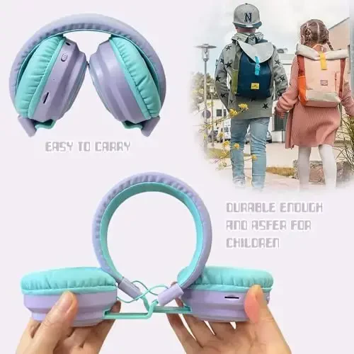 Mokata Kids Headphones Bluetooth 5.3 Wireless 60H Play Time Volume Limited 85/110dB Over Ear Foldable Headset with Cable Aux Mic for iPad Notebook Boy Girl Travel School Tablet Light Purple - 4