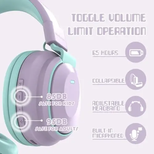 Mokata Kids Headphones Bluetooth 5.3 Wireless 60H Play Time Volume Limited 85/110dB Over Ear Foldable Headset with Cable Aux Mic for iPad Notebook Boy Girl Travel School Tablet Light Purple - 5