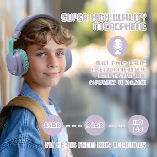 Mokata Kids Headphones Bluetooth 5.3 Wireless 60H Play Time Volume Limited 85/110dB Over Ear Foldable Headset with Cable Aux Mic for iPad Notebook Boy Girl Travel School Tablet Light Purple - 6
