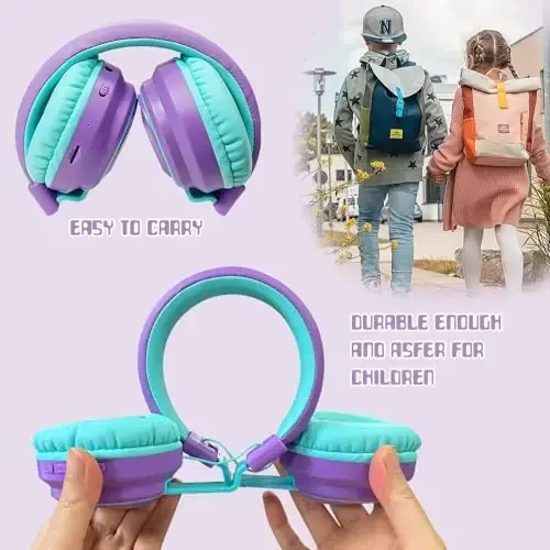 Mokata Kids Headphones Bluetooth 5.3 Wireless 60H Play Time Volume Limited 85/110dB Over Ear Foldable Headset with Cable Aux Mic for iPad Notebook Boy Girl Travel School Tablet Purple - 4