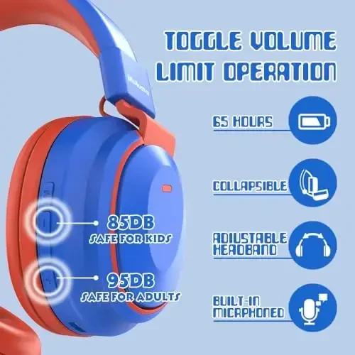 Mokata Kids Headphones Bluetooth 5.3 Wireless Lightweight Fast Charging 68 Hours Play Time Volume Limited 85/94dB Over Ear Foldable with Built-in Mic for Toddler Boy Girl Tablet Pad Blue - 6