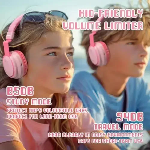 Mokata Kids Headphones Bluetooth 5.3 Wireless Lightweight Fast Charging 68 Hours Play Time Volume Limited 85/94dB Over Ear Foldable with Built-in Mic for Toddler Boy Girl Tablet Pad Pink - 2