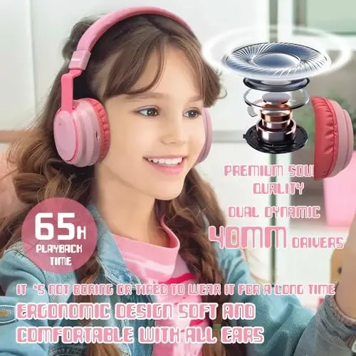 Mokata Kids Headphones Bluetooth 5.3 Wireless Lightweight Fast Charging 68 Hours Play Time Volume Limited 85/94dB Over Ear Foldable with Built-in Mic for Toddler Boy Girl Tablet Pad Pink - 3
