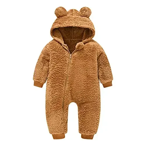 Mokitoni Baby Fleece Jumpsuits Infant Bear Ear Snowsuit Newborn Hooded Romper Warm Coat 
