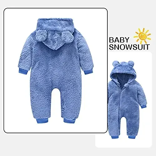 Mokitoni Baby Fleece Jumpsuits Infant Bear Ear Snowsuit Newborn Hooded Romper Warm Coat - 2