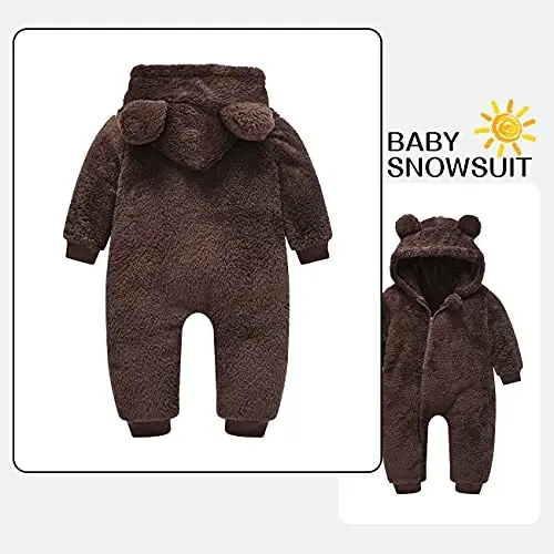Mokitoni Baby Fleece Jumpsuits Infant Bear Ear Snowsuit Newborn Hooded Romper Warm Coat - 2