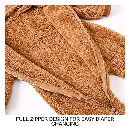 Mokitoni Baby Fleece Jumpsuits Infant Bear Ear Snowsuit Newborn Hooded Romper Warm Coat - 5