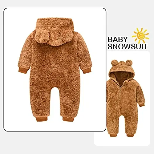 Mokitoni Baby Fleece Jumpsuits Infant Bear Ear Snowsuit Newborn Hooded Romper Warm Coat - 2