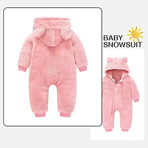 Mokitoni Baby Fleece Jumpsuits Infant Bear Ear Snowsuit Newborn Hooded Romper Warm Coat - 2