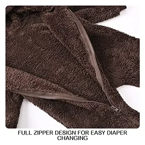 Mokitoni Baby Fleece Jumpsuits Infant Bear Ear Snowsuit Newborn Hooded Romper Warm Coat - 5