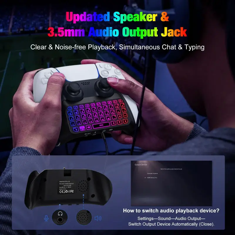 MoKo RGB Backlight Keyboard Compatible with PS5 Controller Accessories,Bluetooth Wireless Mini Gamepad Chatpad Compatible with Playstation5 with Upgraded Built-in Speaker & 3.5mm Audio Jack- - 3