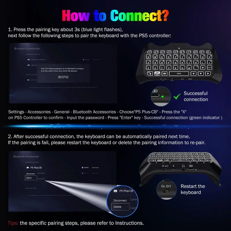 MoKo RGB Backlight Keyboard Compatible with PS5 Controller Accessories,Bluetooth Wireless Mini Gamepad Chatpad Compatible with Playstation5 with Upgraded Built-in Speaker & 3.5mm Audio Jack- - 5