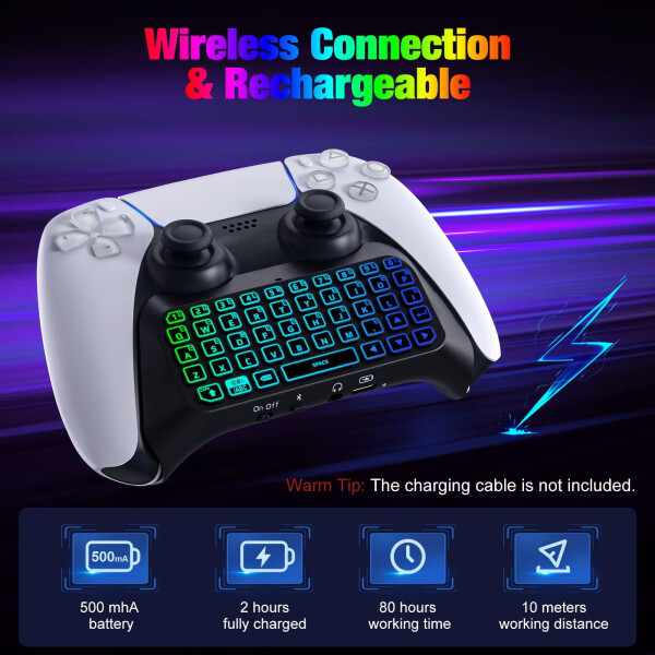 MoKo RGB Arka Işık Klavye PS5 Kumandası için, Gelişmiş Dahili Hoparlör ve PS5 Kumandası Aksesuarları için 3,5 mm Ses Girişi ile Bluetooth Kablosuz Mini Gamepad Sohbet Paketi - 14