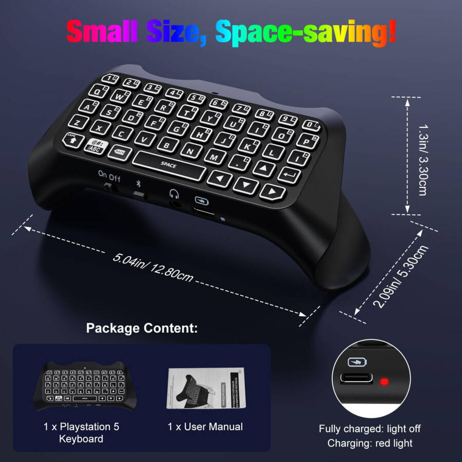 MoKo RGB Arka Işık Klavye PS5 Kumandası için, Gelişmiş Dahili Hoparlör ve PS5 Kumandası Aksesuarları için 3,5 mm Ses Girişi ile Bluetooth Kablosuz Mini Gamepad Sohbet Paketi - 16