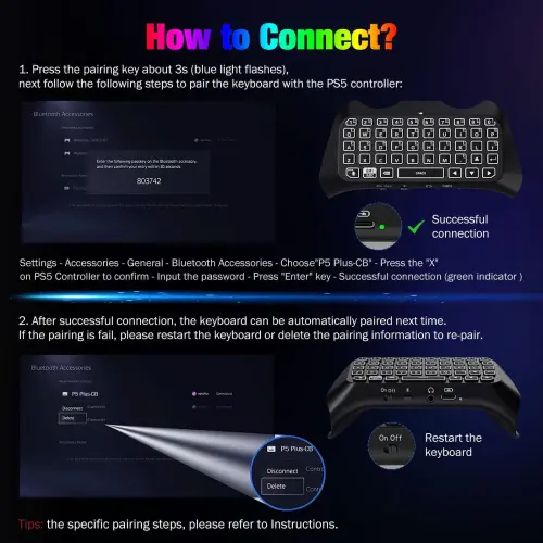 MoKo RGB Backlight Keyboard Compatible with PS5 Controller Accessories,Bluetooth Wireless Mini Gamepad Chatpad Compatible with Playstation5 with Upgraded Built-in Speaker & 3.5mm Audio Jack- - 5