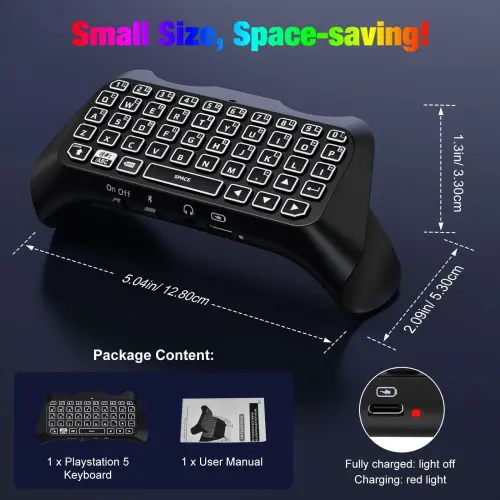 MoKo RGB yoritgichli klaviatura PS5 kontroller aksessuarlari bilan mos, Bluetooth simsiz mini gamepad Chatpad Playstation5 bilan moslashtirilgan oʻrnatilgan dinamik va 3,5 mm audio jek bilan - MOKO (1)