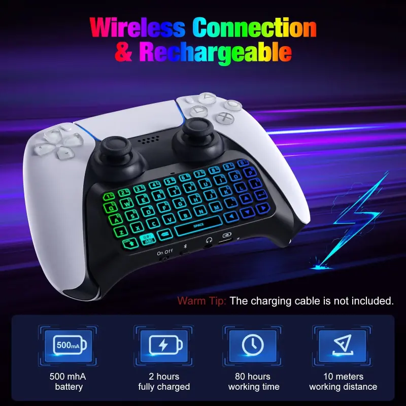 MoKo RGB yoritgichli klaviatura PS5 kontroller aksessuarlari bilan mos, Bluetooth simsiz mini gamepad Chatpad Playstation5 bilan moslashtirilgan oʻrnatilgan dinamik va 3,5 mm audio jek bilan - 6