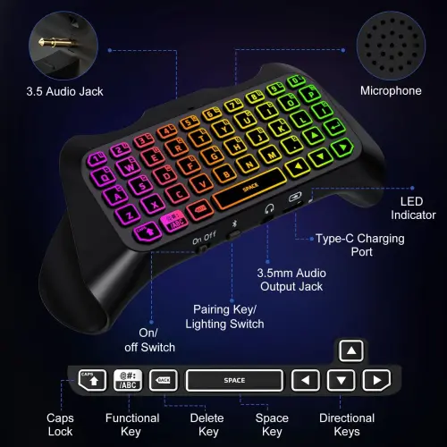 MoKo RGB yoritgichli klaviatura PS5 kontroller aksessuarlari bilan mos, Bluetooth simsiz mini gamepad Chatpad Playstation5 bilan moslashtirilgan oʻrnatilgan dinamik va 3,5 mm audio jek bilan - 7