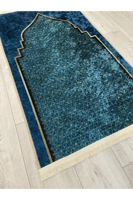 Молитвенный коврик с бахромой (латексная основа) 75x125 см-синий - 4