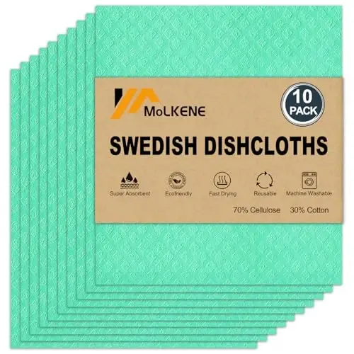 MoLKENE Swedish Dishcloths - 10 Pack Reusable Kitchen Dishcloths - Ultra Absorbent Dish Towels for Washing Dishes - Cellulose Sponge Cloth Cleaning Cloths - Green 