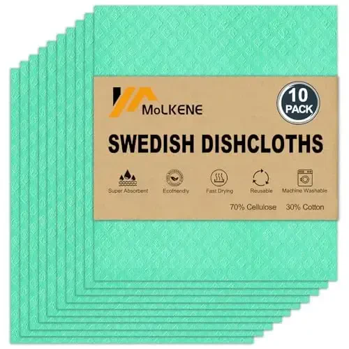 MoLKENE Swedish Dishcloths - 10 Pack Reusable Kitchen Dishcloths - Ultra Absorbent Dish Towels for Washing Dishes - Cellulose Sponge Cloth Cleaning Cloths - Green - MOLKENE