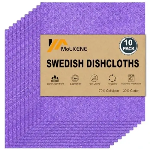 MoLKENE Swedish Dishcloths - 10 Pack Reusable Kitchen Dishcloths - Ultra Absorbent Dish Towels for Washing Dishes - Cellulose Sponge Cloth Cleaning Cloths - Purple 