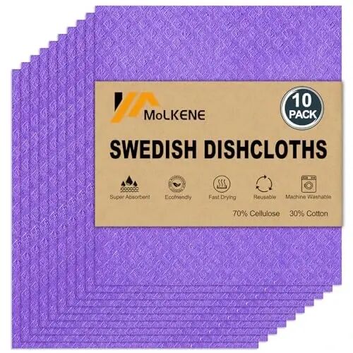 MoLKENE Swedish Dishcloths - 10 Pack Reusable Kitchen Dishcloths - Ultra Absorbent Dish Towels for Washing Dishes - Cellulose Sponge Cloth Cleaning Cloths - Purple - MOLKENE