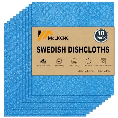 MoLKENE Swedish Dishcloths - 10 Pack Reusable Kitchen Dishcloths - Ultra Absorbent Dish Towels for Washing Dishes - Cellulose Sponge Cloth Cleaning Cloths - Blue 