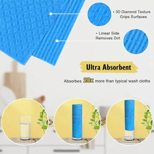 MoLKENE Swedish Dishcloths - 10 Pack Reusable Kitchen Dishcloths - Ultra Absorbent Dish Towels for Washing Dishes - Cellulose Sponge Cloth Cleaning Cloths - Blue - 3