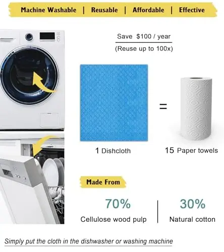 MoLKENE Swedish Dishcloths - 10 Pack Reusable Kitchen Dishcloths - Ultra Absorbent Dish Towels for Washing Dishes - Cellulose Sponge Cloth Cleaning Cloths - Blue - 4