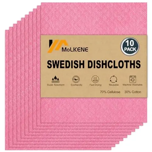 MoLKENE Swedish Dishcloths - 10 Pack Reusable Kitchen Dishcloths - Ultra Absorbent Dish Towels for Washing Dishes - Cellulose Sponge Cloth Cleaning Cloths - Pink - 1