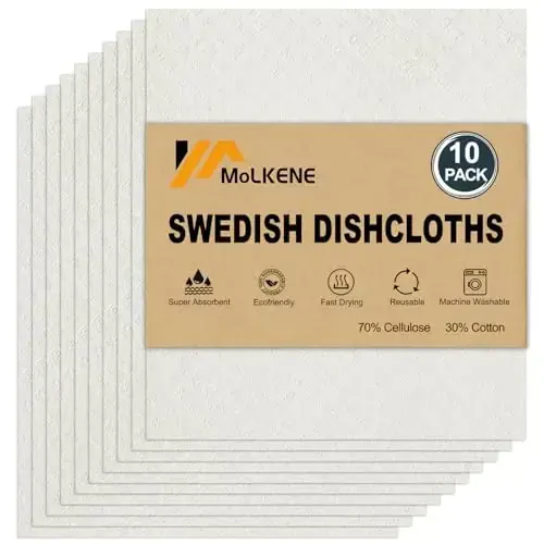 MoLKENE Swedish Dishcloths for Kitchen | 10 Pack Absorbent Cellulose Sponge Cloths Washable | Non-Scratch Reusable Paper Towels Quick Drying Cleaning Rag - White - MOLKENE